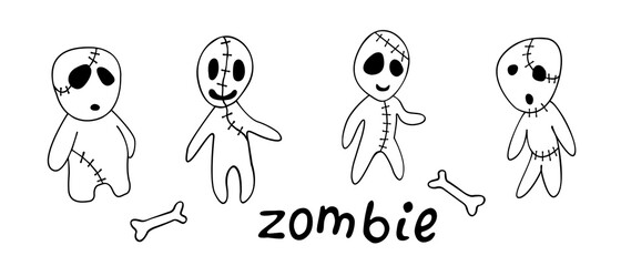 Vector cute zombies in cartoon style. Outline doodle illustration isolated on white background. Halloween elements of design