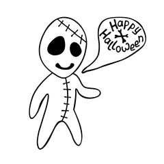 Vector cute zombie in cartoon style. Happy Halloween - lettering in speech bubble. Vector outline illustration isolated on white background. For coloring book page, holiday design, greeting card