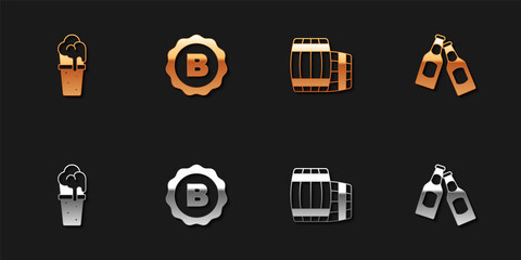 Set Glass of beer, Bottle cap with, Wooden barrel and Beer bottle icon. Vector