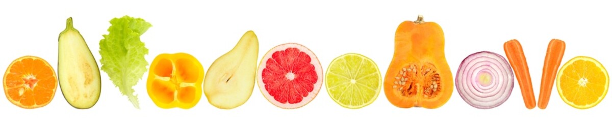 Fresh cut fruits and vegetables in row isolated on white