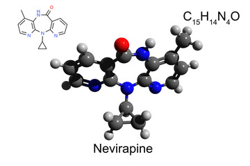 Chemical formula, structural formula and 3D ball-and-stick model of antiviral drug nevirapine, white background