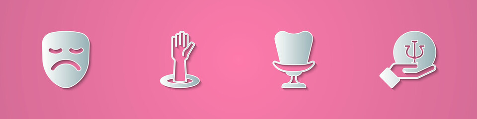 Set paper cut Drama theatrical mask, Helping hand, Armchair and Psychology, Psi icon. Paper art style. Vector