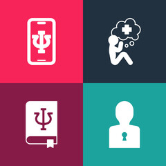 Set pop art Solution to the problem, Psychology book, Psi, Helping hand and Psychologist online icon. Vector