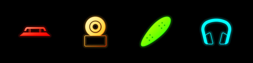 Set Skateboard stairs with rail, wheel, Longboard or skateboard and Headphones icon. Vector