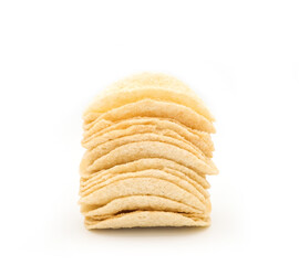 Closeup potato chips stack or row isolated on white background