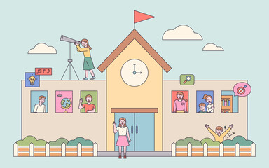 school building. Students learning around the window and school. outline simple vector illustration. © MINIWIDE