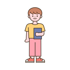 Cute students character. A boy standing with a book. outline simple vector illustration.