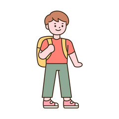 Cute students character. A boy standing with a bag. outline simple vector illustration.