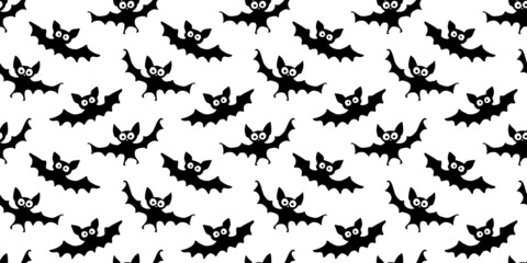 Obraz na płótnie Canvas Flying bats seamless pattern. Cute Spooky vector Illustration. Halloween backgrounds and textures in flat cartoon gothic style. Black silhouettes animals on sky.
