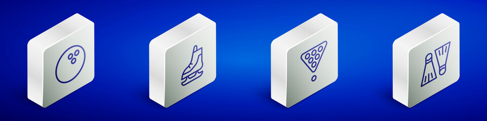 Set Isometric line Bowling ball, Skates, Billiard balls rack triangle and Rubber flippers for swimming icon. Vector
