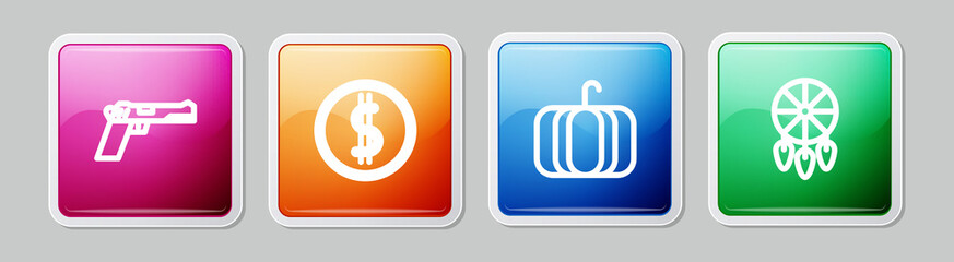 Set line Pistol or gun, Coin money with dollar, Pumpkin and Dream catcher feathers. Colorful square button. Vector