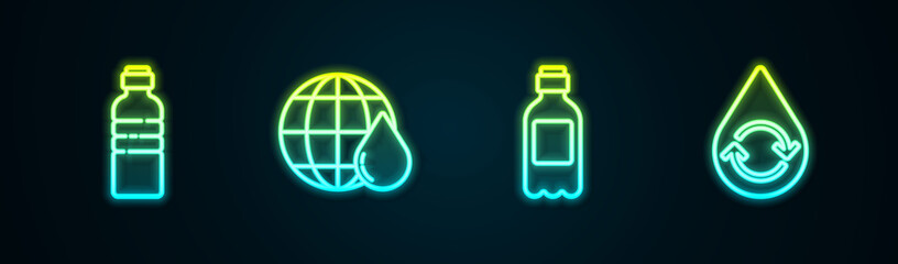 Set line Bottle of water, Earth planet in drop, and Recycle clean aqua. Glowing neon icon. Vector