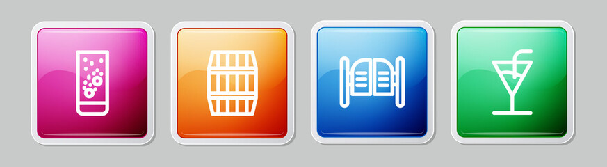 Set line Effervescent tablets in water, Wooden barrel, Saloon door and Cocktail. Colorful square button. Vector