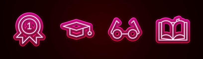 Fototapeta premium Set line Medal, Graduation cap, Glasses and Open book. Glowing neon icon. Vector