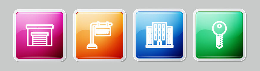 Set line Garage, Hanging sign with Rent, House and key. Colorful square button. Vector