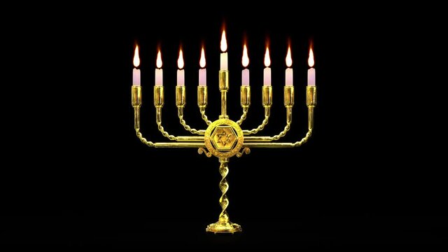 goldish hanukkah menora lamp with shining candles, fictive isolated