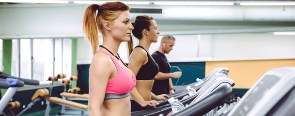 Group of people training over a treadmills on fitness center