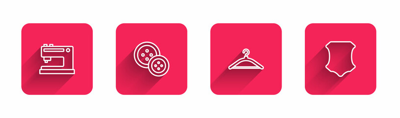 Set line Sewing machine, button, Hanger wardrobe and Leather with long shadow. Red square button. Vector