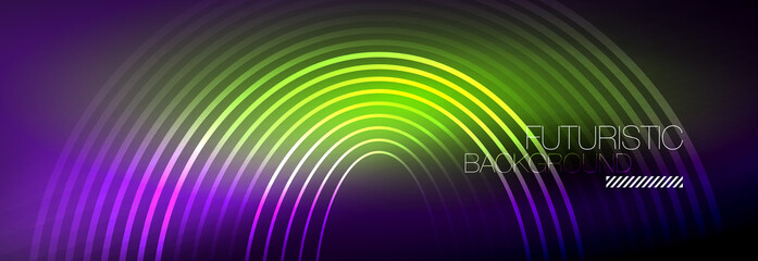 Dark abstract background with glowing neon circles. Trendy layout template for business or technology presentation, internet poster or web brochure cover, wallpaper