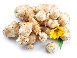 Jerusalem artichoke roots with leaves and flower of Jerusalem artichoke isolated on white background.
