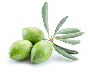 Green natural olives with leaves isolated on a white background.