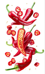 Fresh red chilli peppers and cross sections of chilli pepper with seeds floating in the air. File...