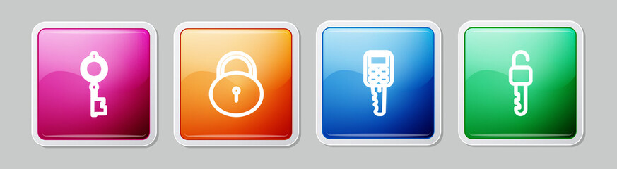 Set line Old key, Lock, Car with remote and Unlocked. Colorful square button. Vector