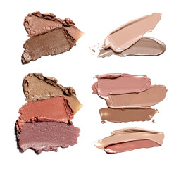 Set of smears of beige foundation or acrylic paint, isolated on white background.