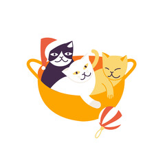 Vector illustration cute christmas cats sitting inside starw basket and playing with christmas ball. WInter holiday mood.