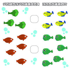 Developing activities for children, compare which more fishes. Logic game for children, mathematical inequalities.