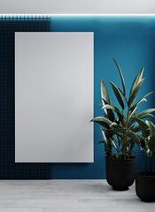 3d rendering of a concept with a large frame. Blue wall with lighting, trellis and flowers. For creativity, photos, paintings. Vertical board mock up.