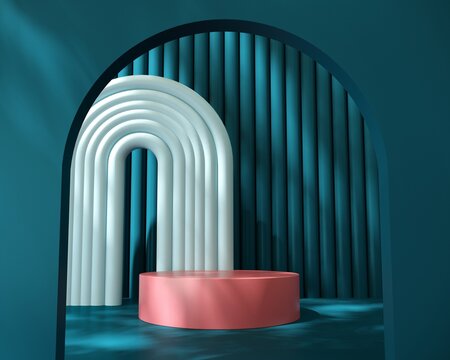 Showcase, podium, stand of stairs, arches for advertising, presentation of goods, products. 3d render, abstract composition, background with geometric objects and shadow on the wall. 