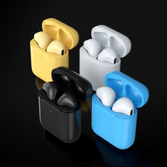 Set of wireless bluetooth headphones in charging case on black background