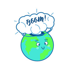 Planet Earth with Boom Cloud. Modern Flat Vector Illustration. Social Media Template.