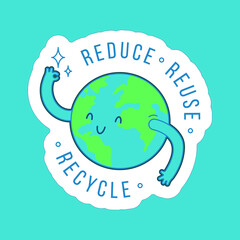 Reduce. Reuse. Recycle. Planet Show Okay Sign Sticker on Blue Background. Modern Flat Vector Illustration. Social Media Template.