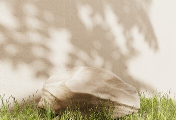 Podium, stand on pastel light stucco background. Unobtrusive background with plant and shadow on the wall -3D render.Mock up for exhibitions, presentation of products, therapy, relaxation and health.	