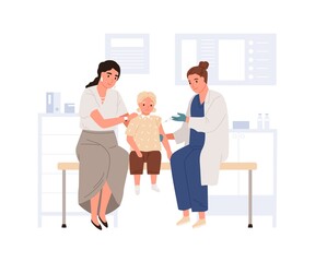 Nurse making vaccine injection to child in hospital. Vaccination of kid. Kid with mother and doctor during anti-virus syringe shot. Colored flat vector illustration isolated on white background