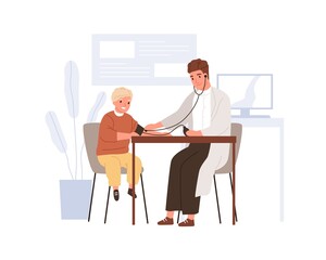 Kid patient visiting doctor in hospital office. Pediatrician checking and measuring blood pressure of child. Scene of boy at physician. Colored flat vector illustration isolated on white background