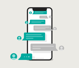 Chat text message bubbles over the smartphone display. 
