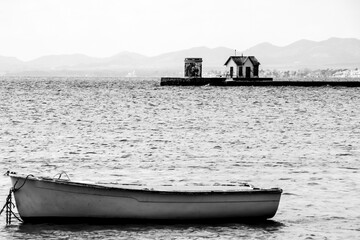 Boats moored on La Concha beach in Los Alcazares village