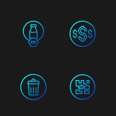 Set line QR code, Trash can, Lactose free and Dollar symbol. Gradient color icons. Vector