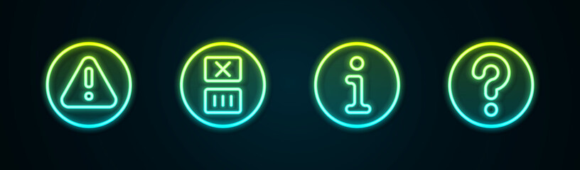 Set line Exclamation mark in triangle, Temperature wash, Information and Unknown search. Glowing neon icon. Vector