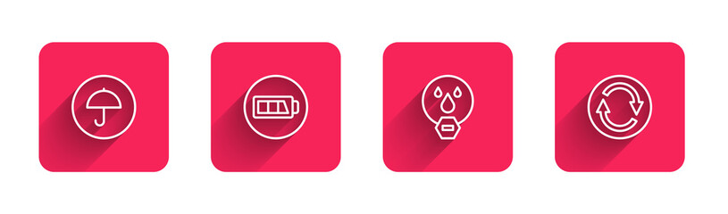 Set line Delivery package with umbrella, Battery, Water drop forbidden and Recycle symbol with long shadow. Red square button. Vector