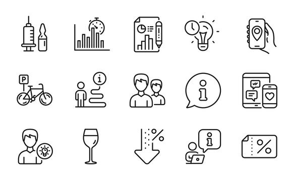 Business icons set. Included icon as Medical vaccination, Couple, Report document signs. Report timer, Person idea, Low percent symbols. Time management, Wine glass, Bicycle parking. Vector