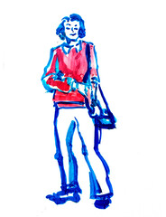 Sketch of a woman with short hair walking with a bag outline colorful
