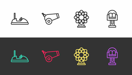 Set line Bumper car, Cannon, Ferris wheel and Attraction carousel on black and white. Vector