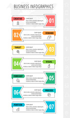 Vector 7 step line infographic with icons and labels. Modern timeline concept for chart, levels, web, diagram, banner, presentations, business, diagram, flowchart