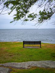 Fototapeta na wymiar Single resting bench under tree branches at the beach meadow with a view of the ocean. Rock garden landscape at Fort Phoenix Park in New Bedford, Massachusetts.