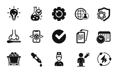 Vector set of Coal trolley, International recruitment and Augmented reality icons simple set. Recovery gear, Coronavirus and Doctor icons. Documents, Energy and People vaccination signs. Vector