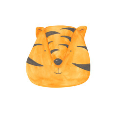 Watercolor head of a tiger isolated on a white background. A hand-drawn cub of a happy tiger. African animal clipart. Cute safari animal illustration. Zoo print. Wildlife object in cartoon style.